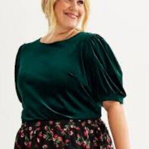 Draper James RSVP Velvet Green Holiday Plus Size Puff Elbow Sleeve Top Size 1x